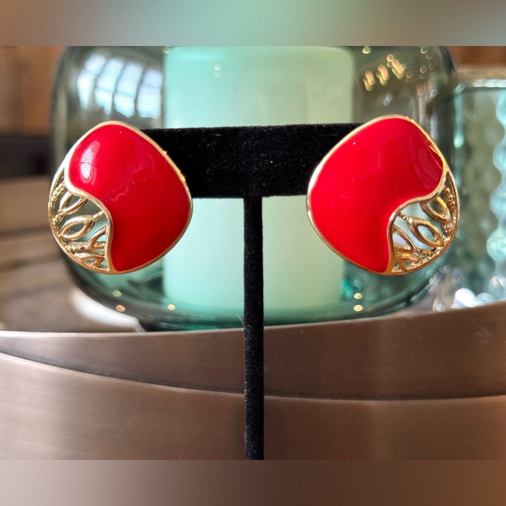 Vintage Red and Gold Enamel Mod Earrings